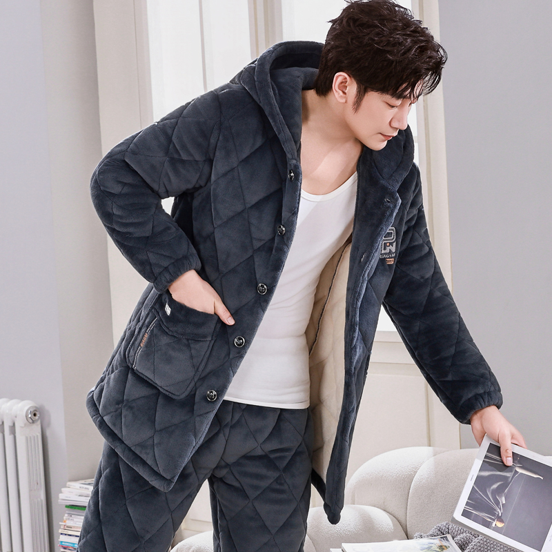 男士睡衣冬季三层加厚加绒珊瑚绒夹棉套装法兰绒保暖家居服秋冬款