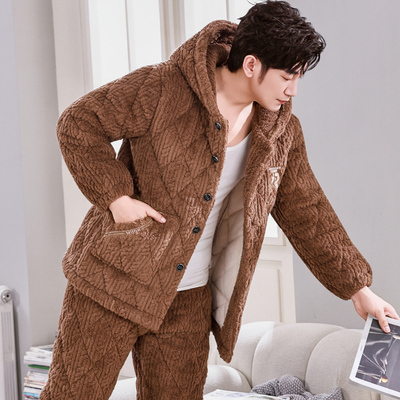 男士睡衣冬季珊瑚绒三层夹棉加厚加绒秋冬款保暖法兰绒家居服套装