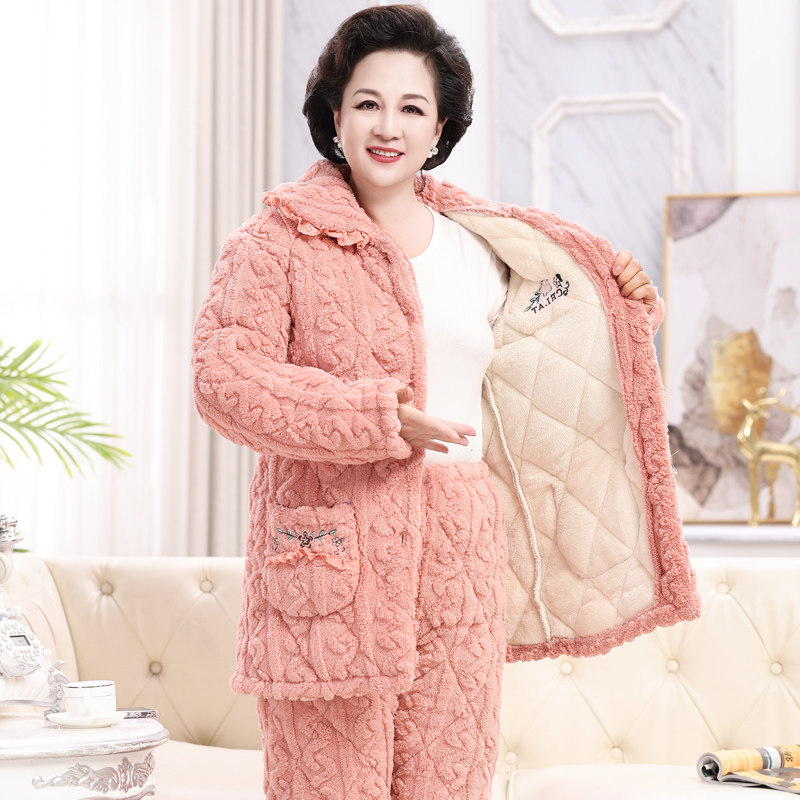 秋冬季夹棉睡衣女中老年人三层加厚妈妈珊瑚绒加绒保暖家居服奶奶,女士内衣/男士内衣/家居服,睡衣/家居服套装,淘宝优惠券,粉丝福利购,淘宝优惠卷