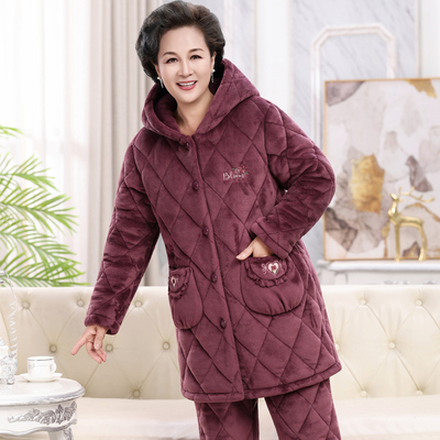 加长款连帽秋冬季睡衣女三层夹棉加厚珊瑚绒中老年人加绒保暖妈妈