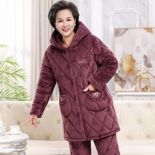 加长款连帽秋冬季睡衣女三层夹棉加厚珊瑚绒中老年人加绒保暖妈妈
