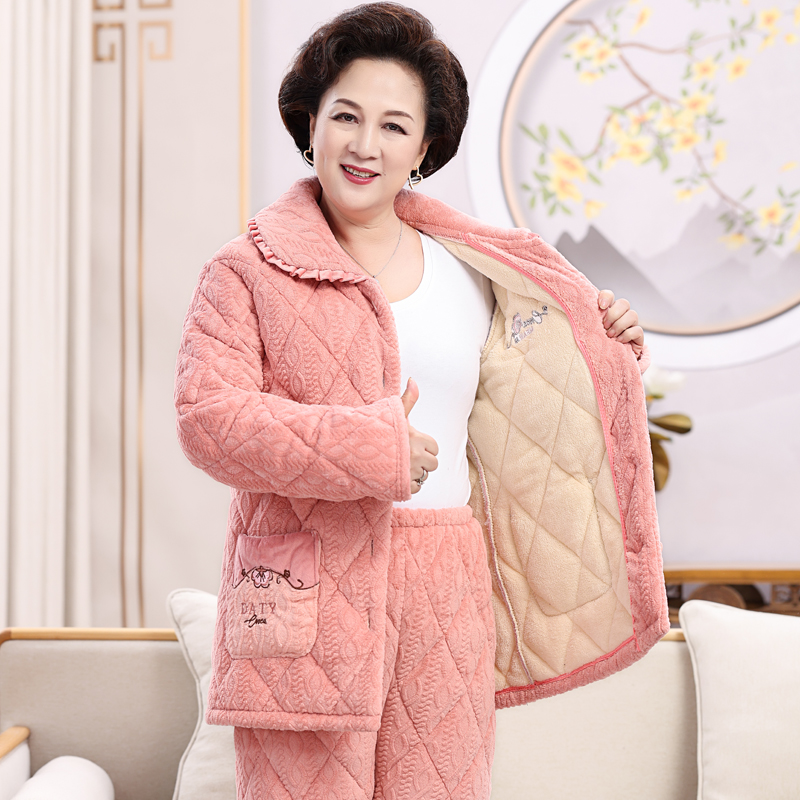 睡衣女冬季中老年法兰绒保暖妈妈加厚珊瑚绒夹棉家居服套装秋冬款