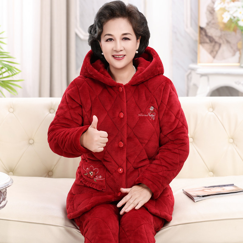 连帽秋冬季珊瑚绒夹棉睡衣女三层加绒加厚妈妈款保暖中老年家居服
