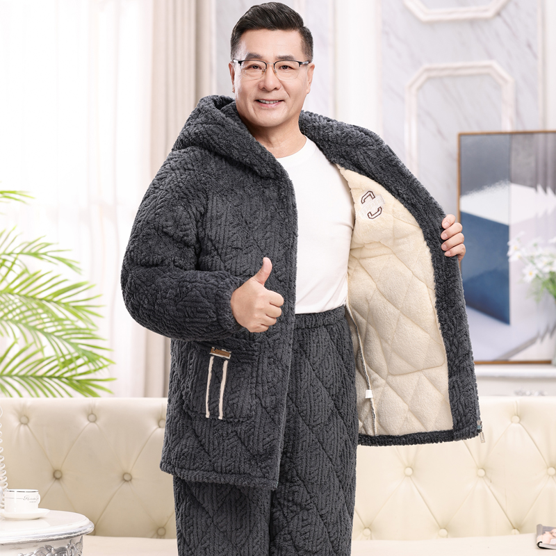 睡衣男士秋冬季三层加厚加绒珊瑚绒夹棉中老年保暖爸爸家居服套装