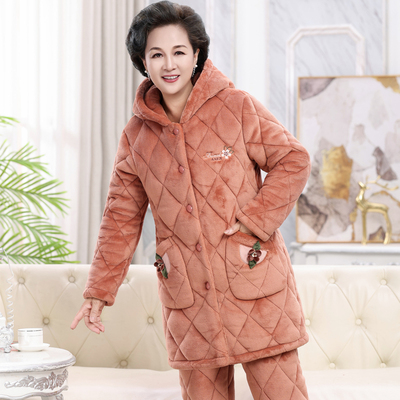加长款连帽睡衣女秋冬季珊瑚绒加厚夹棉中老年保暖加绒家居服妈妈