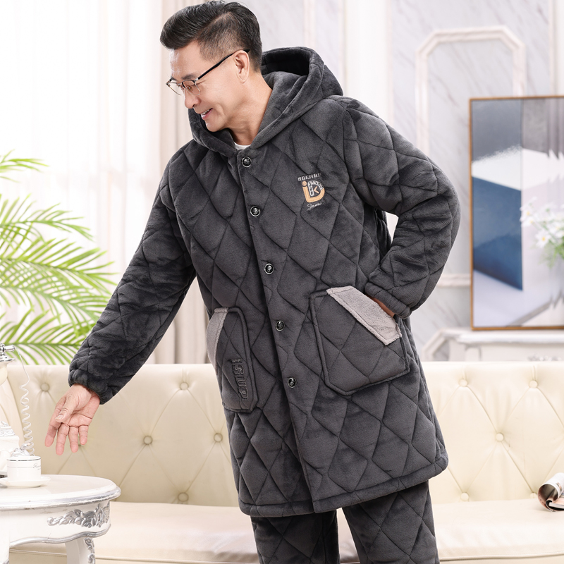 加长款连帽睡衣男士秋冬季加厚加绒珊瑚绒夹棉中老年保暖爸爸套装