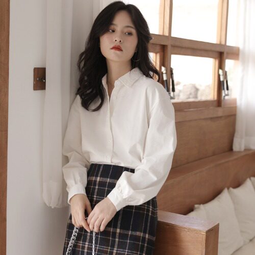 여성용 흰색 복고풍 홍콩 스타일 셔츠 가을 심플한 디자인 몸집이 작은 셔츠 시폰 긴 소매