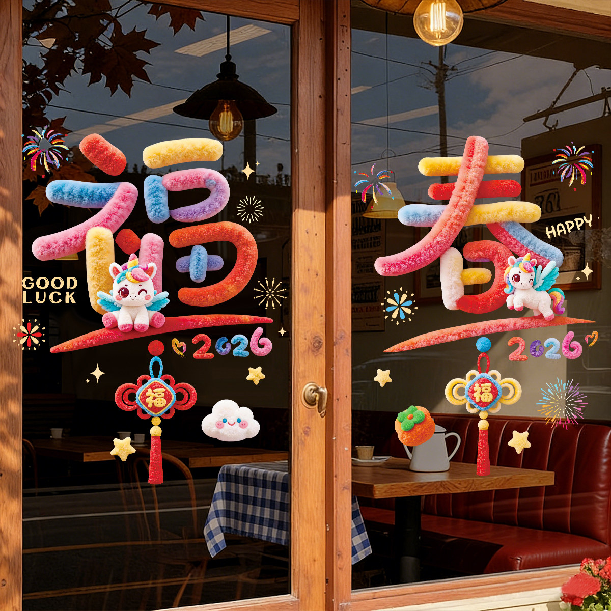 新年装饰贴纸2026马年彩虹福字氛围玻璃门贴纸5D立体春节布置贴画