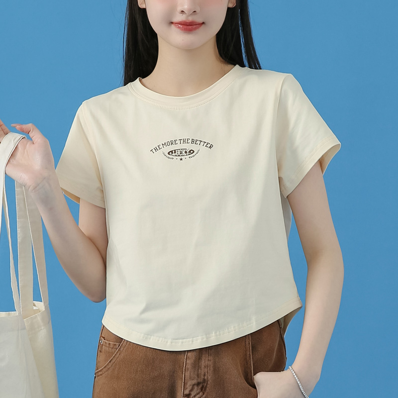 短袖T恤夏季正肩棉女短款遮肚子