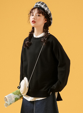 圆领黑色卫衣2023新款早春秋季薄款潮ins宽松韩版上衣下摆开叉