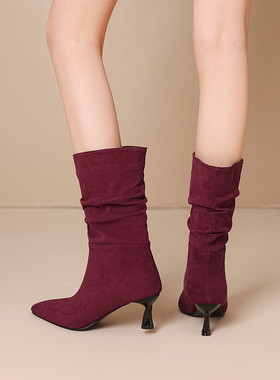 外贸款41到48特大码女鞋43红色44高跟中筒靴45绒面46女靴子47Q42W