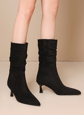 外贸款41到48特大码女鞋43黑色44高跟中筒靴45绒面46女靴子47Q41W