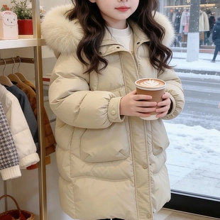儿童外套加厚带毛领上衣女童新款中长款羽绒棉服洋气保暖