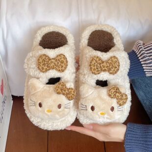 可爱卡通豹纹KT毛绒包头拖鞋女外穿2025秋冬款韩版甜美家居棉拖鞋