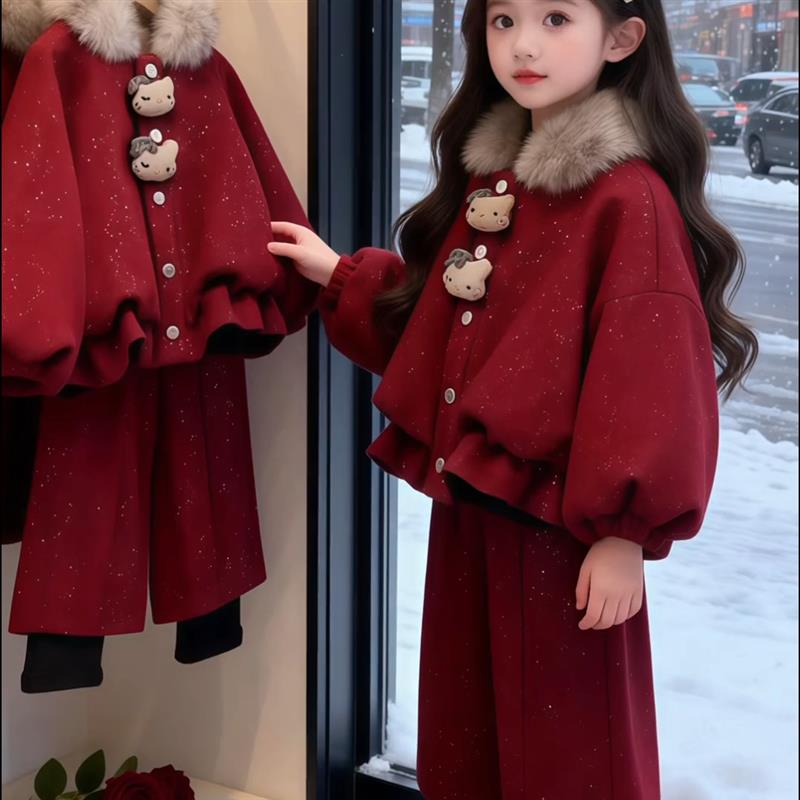 女童加绒撒银红色卡通外套阔腿裤冬装2025新款毛领大衣年服潮