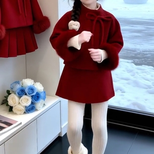 2026拜年服女童红色套装冬季大衣儿童双面呢外套公主裙毛呢背心裙