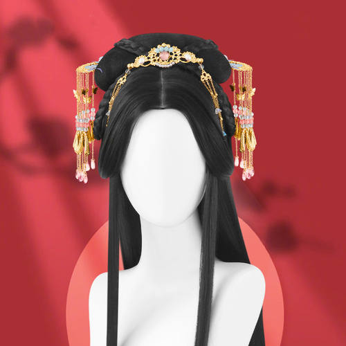 宋制明制古装一体式假毛汉服cos懒人女古典全套头古风长直发造型
