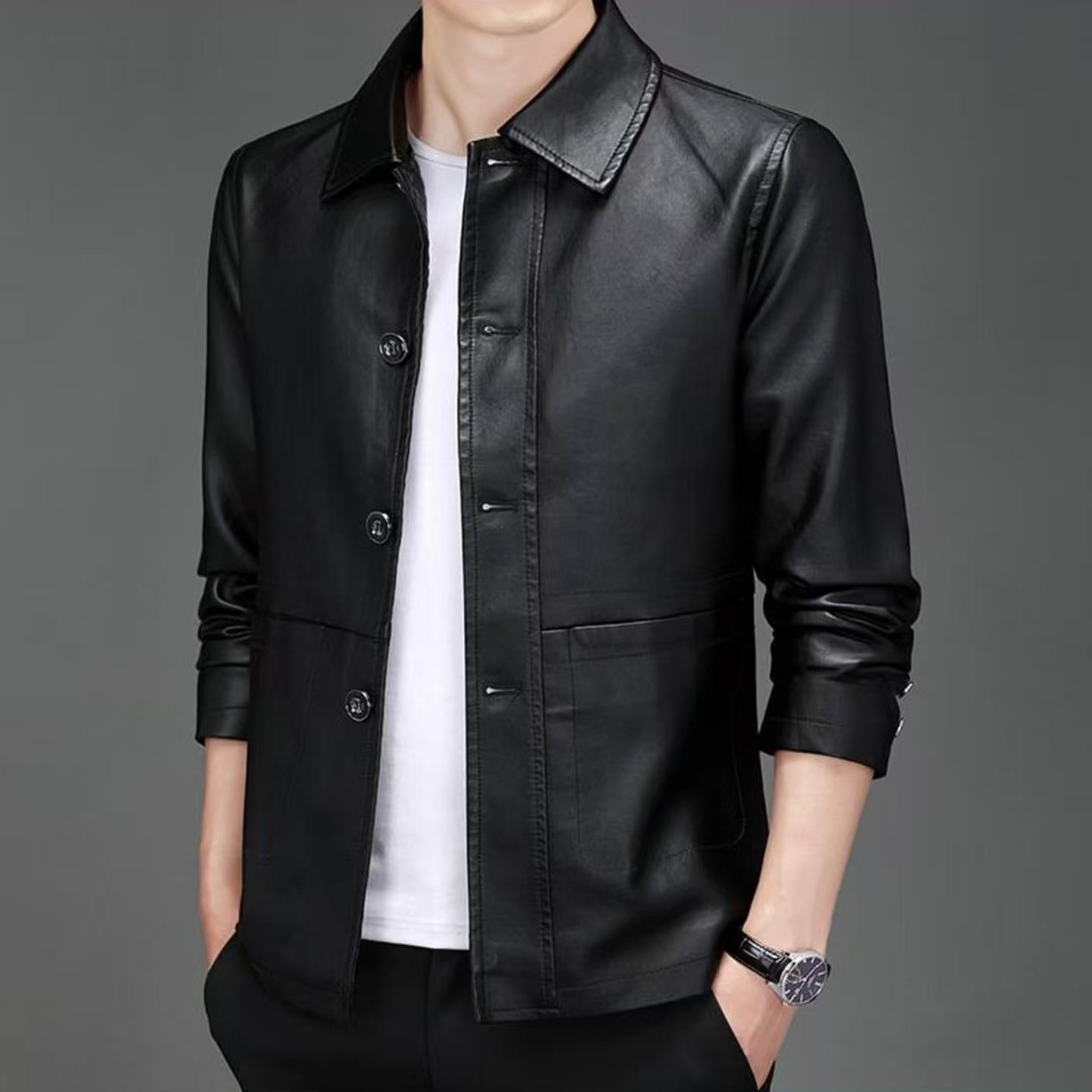 宏嫩冬季男装精选真皮皮衣男士夹克秋季爸爸装中青年加厚保暖外套