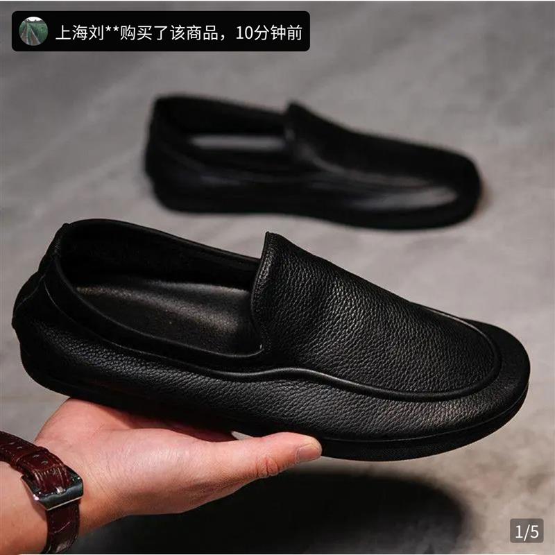 美丽霞男鞋飞行员休闲 鞋男士真牛皮正装皮鞋英伦软底一脚蹬豆豆