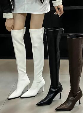 白色尖头高跟过膝骑士长靴女