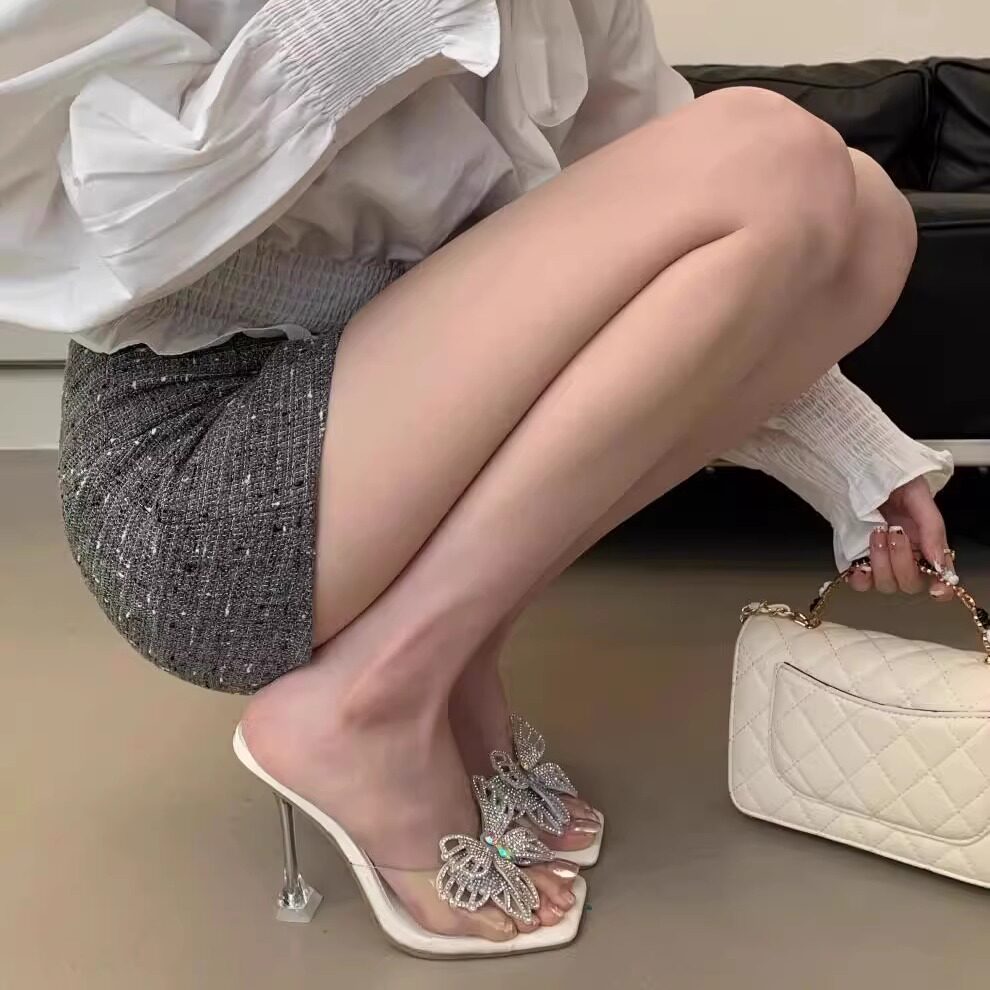 水钻蝴蝶结透明方头高跟鞋女水晶