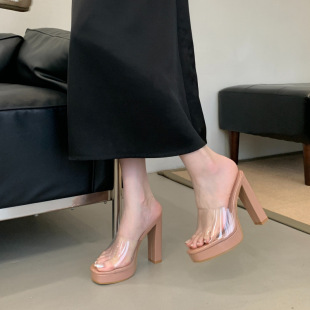 拖鞋 夏季 走秀防水台粗跟白色厚底凉鞋 新款 女外穿 透明一字拖高跟鞋