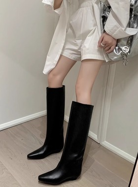 秋冬新款黑色复古真皮长靴女尖头显瘦高筒靴子直筒骑士靴丑丑靴