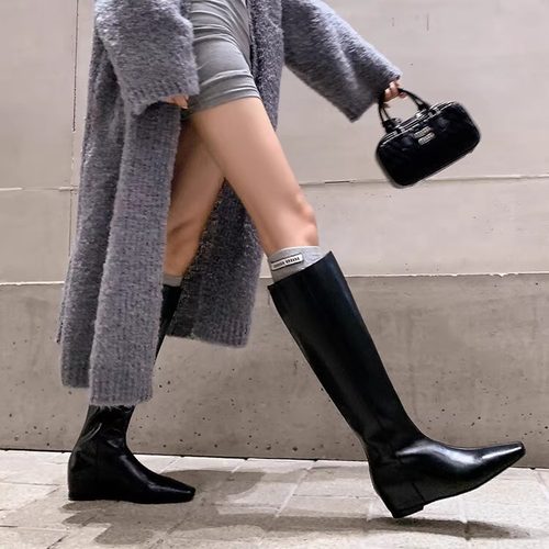 长靴欧美风极简方头内增高平底靴