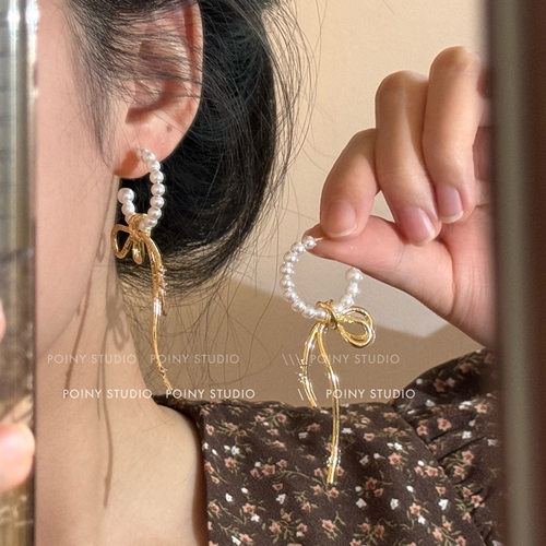 法式精致蝴蝶结珍珠耳环耳钉女