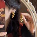 新中式 花朵耳环复古流苏纯银银针订婚结婚金色耳钉女耳夹气质耳饰