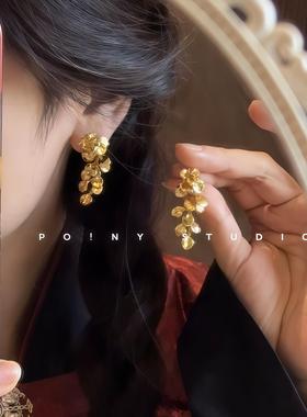 新中式花朵耳环复古流苏纯银银针订婚结婚金色耳钉女耳夹气质耳饰