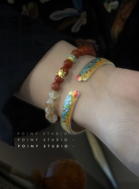 新中式珐琅彩足银手镯女开口轻奢高级感复古手串纯银手饰2025年