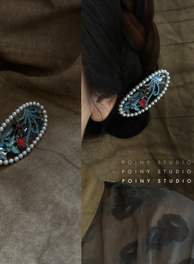 复古简约百搭珐琅蓝色花朵发夹女弹簧夹珍珠头饰发饰精致配饰新款