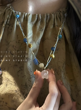 多巴胺彩色天然石项链女小众设计感编织绳吊坠锁骨链高级感毛衣链