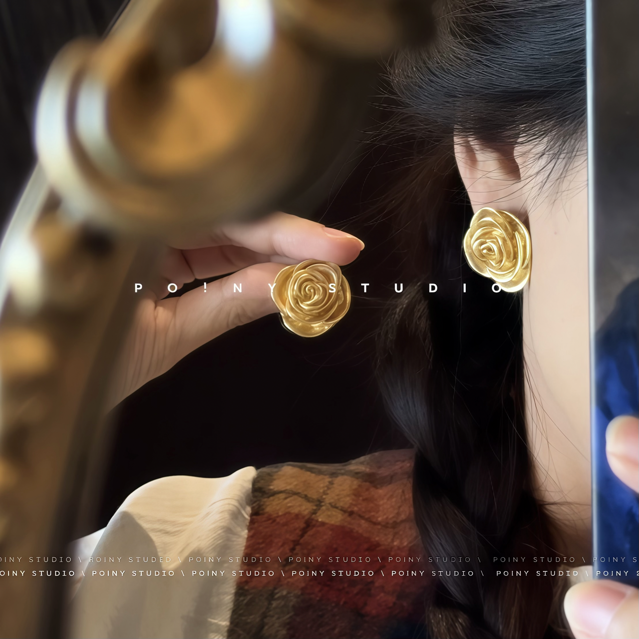 复古金色花朵发饰金属玫瑰花耳钉女气质百搭高级感轻奢精致耳饰