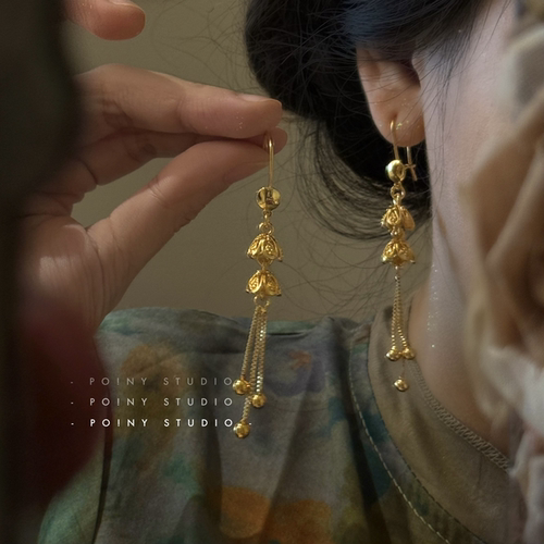 金色花朵流苏耳环女长款超仙显脸瘦轻奢高级感耳饰2025年新款潮