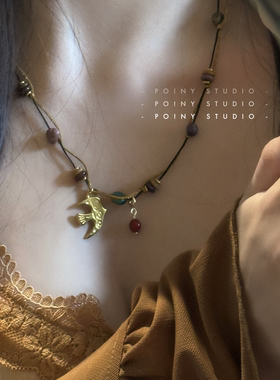 小众设计天然石串珠项链女复古飞鸟吊坠高级感情侣锁骨链毛衣链