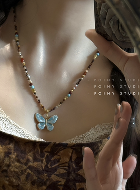 滴油钛钢蝴蝶项链女气质高级感小众设计天然石毛衣链锁骨链