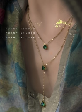 轻奢小众绿宝石水滴双层项链女金色锁骨链高级感颈链钛钢毛衣链