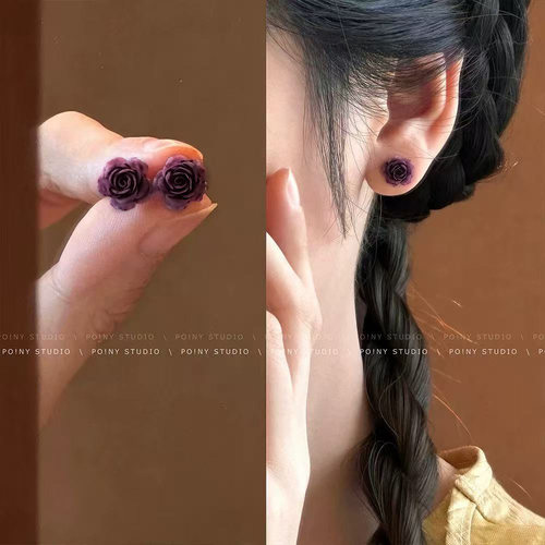 简约百搭花朵耳钉紫红色玫瑰耳饰小众设计感森系小巧耳环2024新款