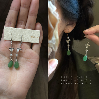 原创设计叶子绿色水滴耳环女气质高级感复古风长款耳坠耳饰耳夹
