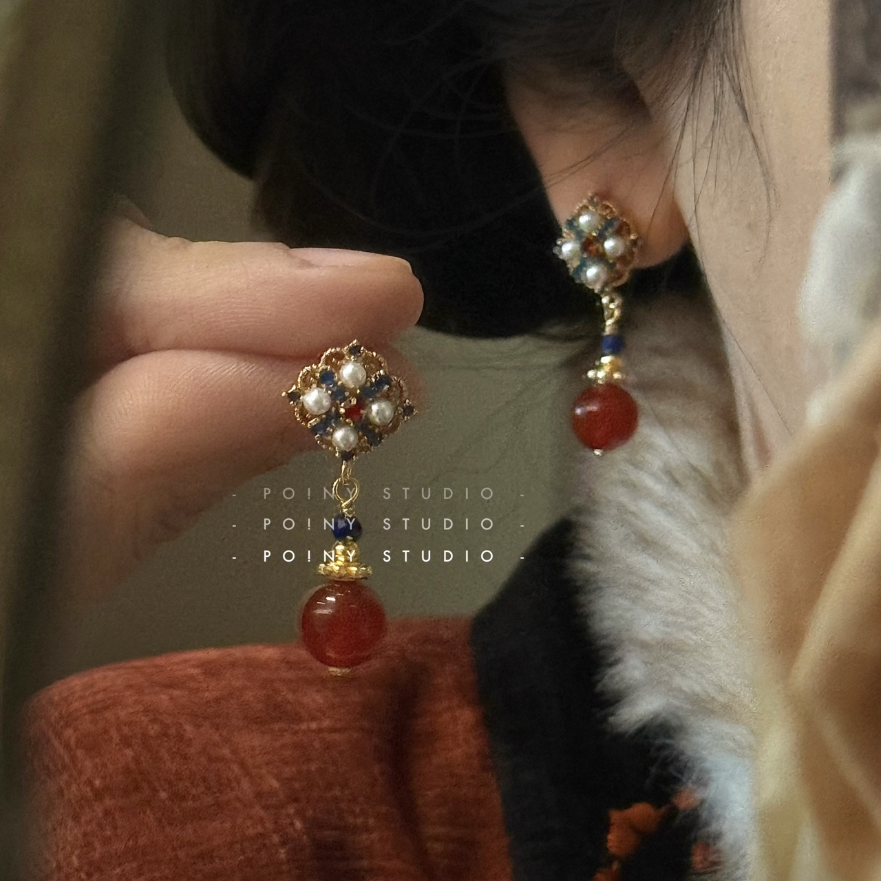 复古宫廷风珍珠玛瑙耳环珐琅彩耳坠国风气质小众设计红色新年耳饰