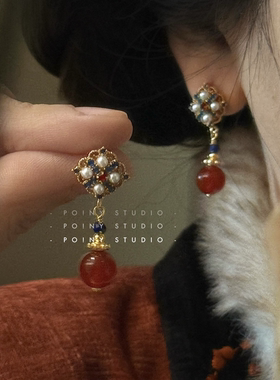 复古宫廷风珍珠玛瑙耳环珐琅彩耳坠国风气质小众设计红色新年耳饰
