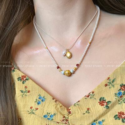 新中式复古珍珠串珠项链女小众设计高级感气质配饰毛衣链锁骨链