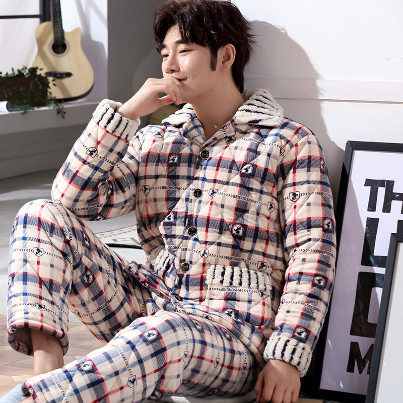 珊瑚绒睡衣男冬季三层加厚加绒夹棉袄法兰绒冬天男士家居服秋冬款