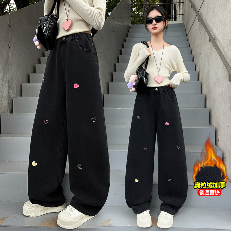 女童刺绣爱心加绒牛仔裤黑色阔腿裤秋冬新款显瘦长裤中大童直筒裤