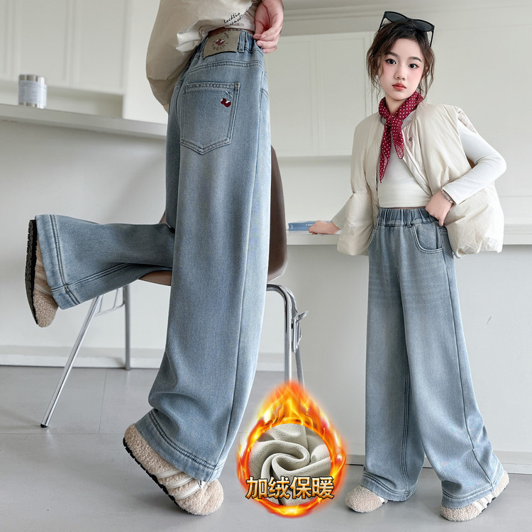 女童冬季保暖加厚加绒牛仔裤2025新款洋气刺绣阔腿裤宽松直筒裤子