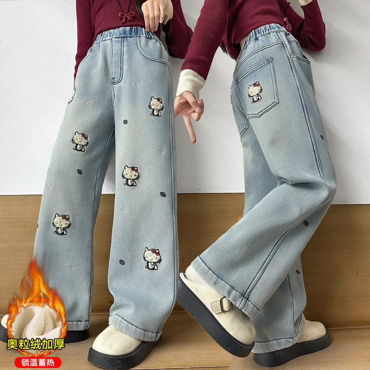 女童卡通刺绣牛仔裤加绒加厚松紧腰直筒阔腿裤洋气长裤中大童冬季