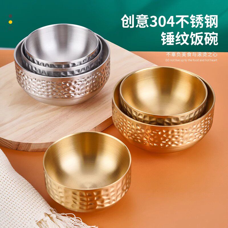 饭碗冷面碗金色不锈钢泡面碗拉面碗双层韩式拌饭碗大汤碗螺丝粉碗