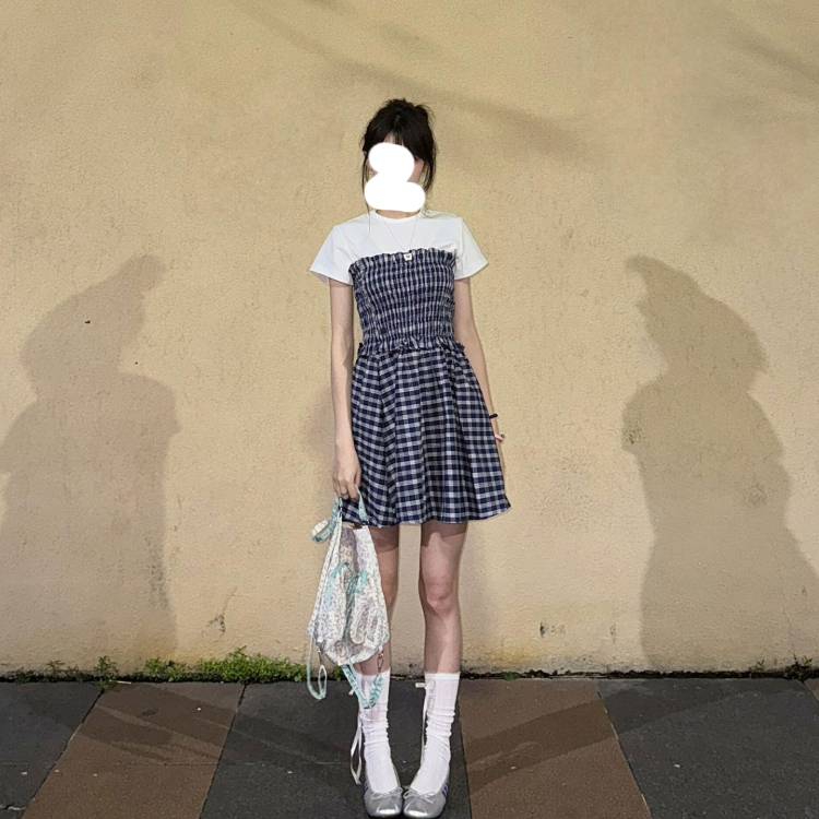 小众设计感格子两穿裙半身裙女无袖抹胸连衣裙2025夏季新款短裙子